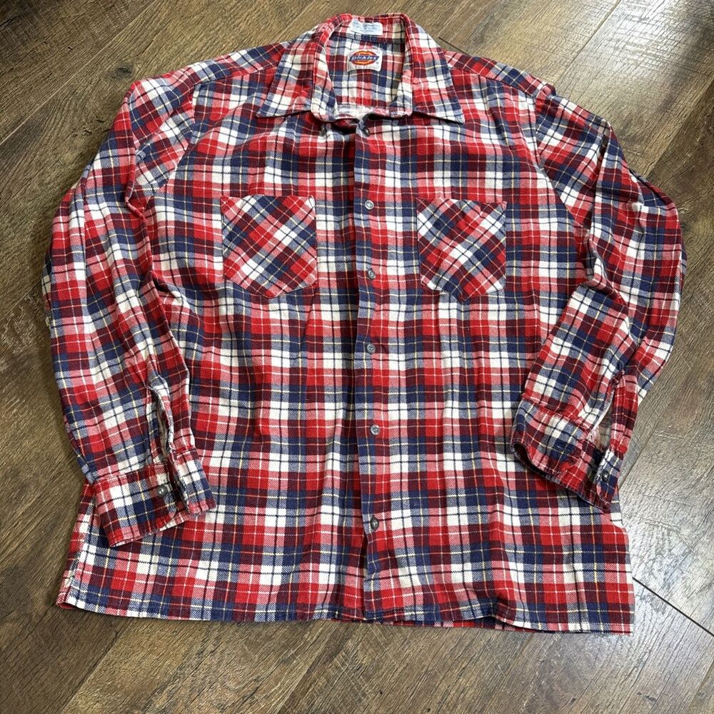 Vintage Dickies Shirt Mens L Red Blue Plaid Flannel Button Up Work 90s USA